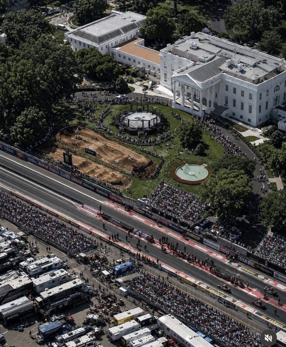 AlecLace's tweet photo. THE WHITE HOUSE WENT FULL AMERICA

UFC Octagon on the South Lawn.
Motocross ripping dirt jumps.
Drag cars launching down Pennsylvania Ave.
The People’s House is now the People’s Arena.
This is what winning looks like. 
This is what freedom feels like.
God Bless the USA! 🦅 https://t.co/FjX4jdURZs