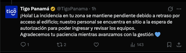 jbrodriguez2's tweet photo. gracias por brindar un status @TigoPanama, en este momento el internet aun no funciona, quiero mencionar que tanto el viernes como el sabado tuvieron acceso al edificio 
@AsepPanama
@MinPresidencia
@Millicom
@Marc_Ben_A
@TVN
@Telemetro
@prensacom
@EstrellaOnline https://t.co/ArGPq276yj