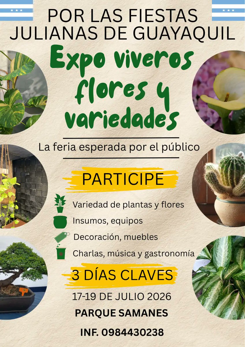 josolmos's tweet photo. Acoliten, pasen la voz. Stands con descuentos para suculentas, orquídeas, bonsáis y bromelias. Por las fiestas julianas, 17, 18 y 19 de julio, en Parque Samanes, norte de Guayaquil, la feria más esperada del año por los amantes de las plantas.
Turisec Eventos: 0984430238 https://t.co/He1D2TmU3B