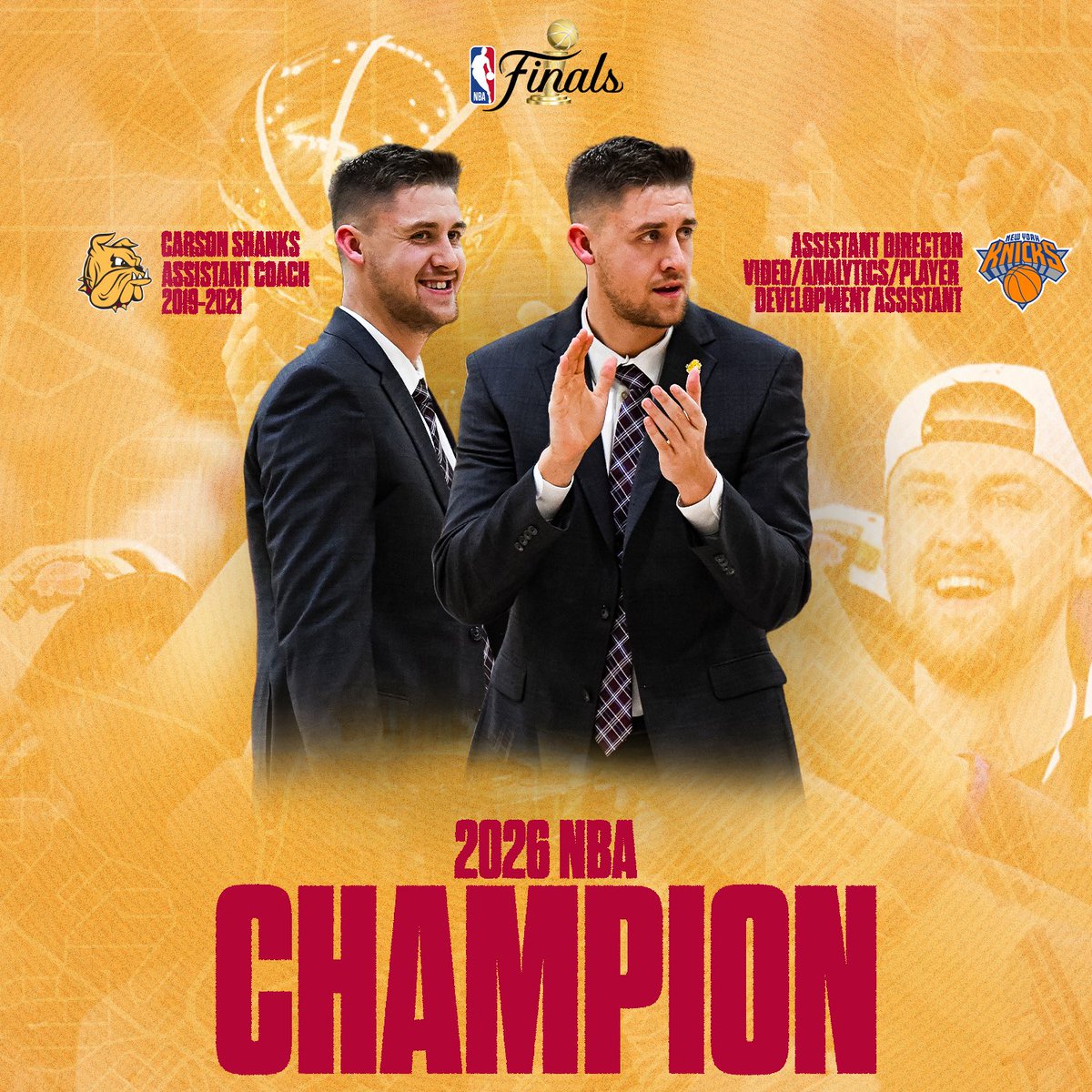 UMDBulldogMBB's tweet photo. Congratulations to former Assistant Coach, @CarsonShanks_ on becoming an NBA Champion with the New York Knicks last night!
#MakeMoves x @nyknicks https://t.co/MKLo0UzXt3