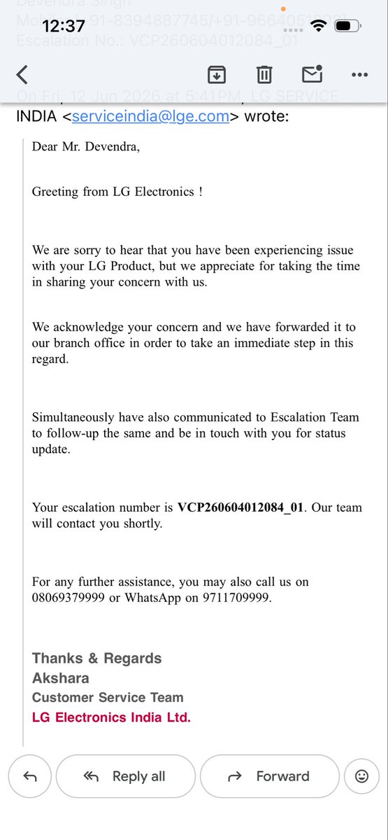 devrekha1984's tweet photo. @LGIndia @LGIndiaService My LG AC is under warranty. Technician collected ₹472 and promised repair within 2 days. It’s been 20+ days, yet no repair or update. Escalation No. VCP260604012084_01. Please resolve urgently. #LGIndia #CustomerService https://t.co/3FXc4KEXnP