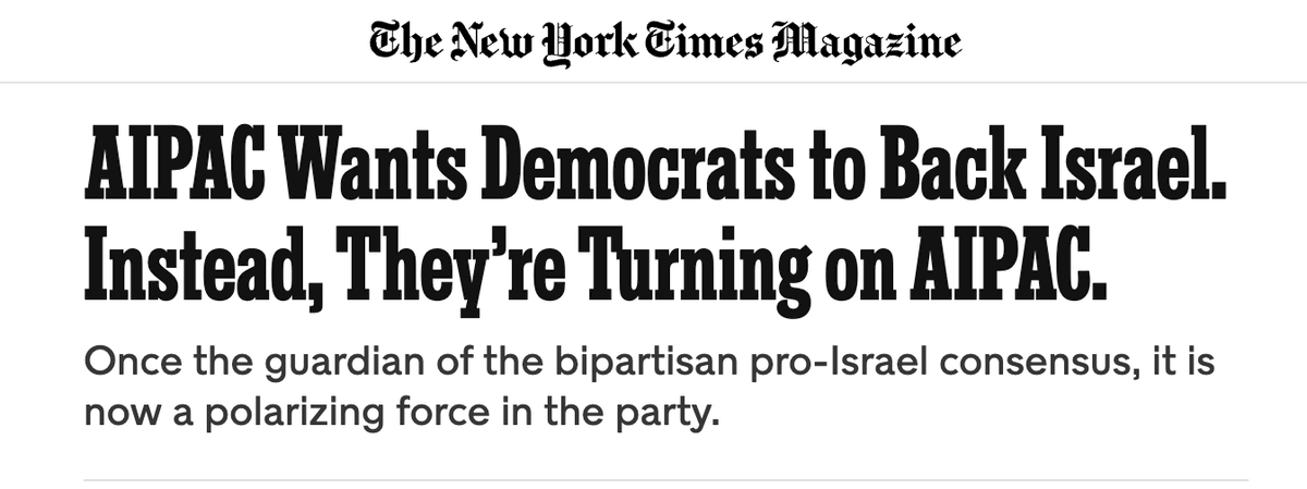 TrackAIPAC's tweet photo. NYTimes: AIPAC Wants Democrats to Back Israel. Instead, They’re Turning on AIPAC. https://t.co/TX9Jz8h302