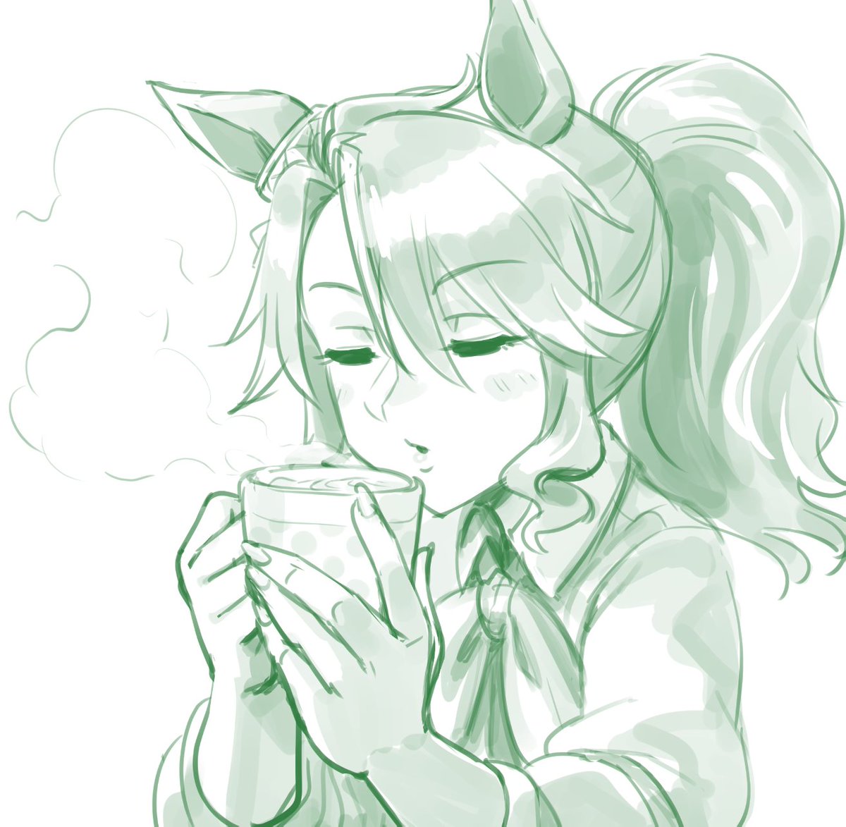 メジロパーマー(ウマ娘) 「ホットココアを飲むパーマー」|高橋うもりのイラスト