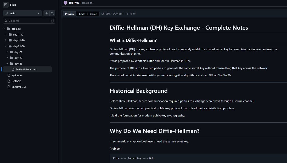 _MistOfVON's tweet photo. Day 23 of #100DaysOfCode

Learned Diffie-Hellman Key Exchange and how shared secrets are established securely over insecure networks.

Covered DHE, ECDHE, Perfect Forward Secrecy, and the role of DH in TLS/HTTPS.

#CyberSecurity #Cryptography #DiffieHellman #TLS #Networking https://t.co/0gn5RLx5li