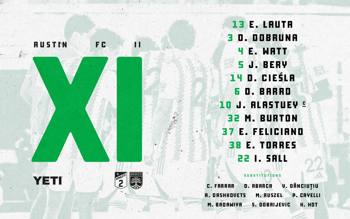 AustinFCII's tweet photo. Today’s Starting XI to take on MNUFC 2!
#AustinFCII x @YETICoolers https://t.co/YnJlZYqoNT