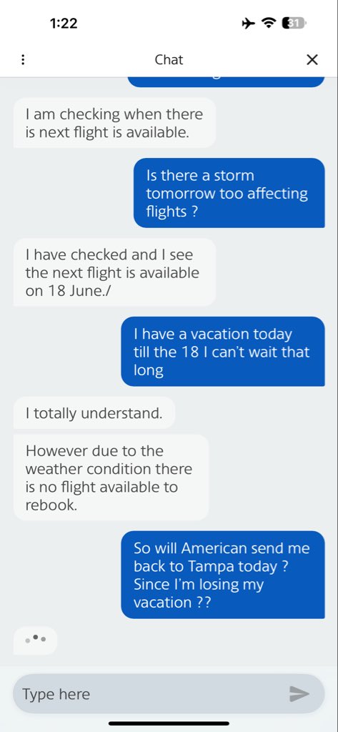 Tini881's tweet photo. Is @AmericanAir really expecting me to stay in New York on my dime for 5 days until I can fly! ? My vacation was today 14 to 18! I’m not going to be left stranded! Customer service won’t help! https://t.co/K0JvC9Z7sR