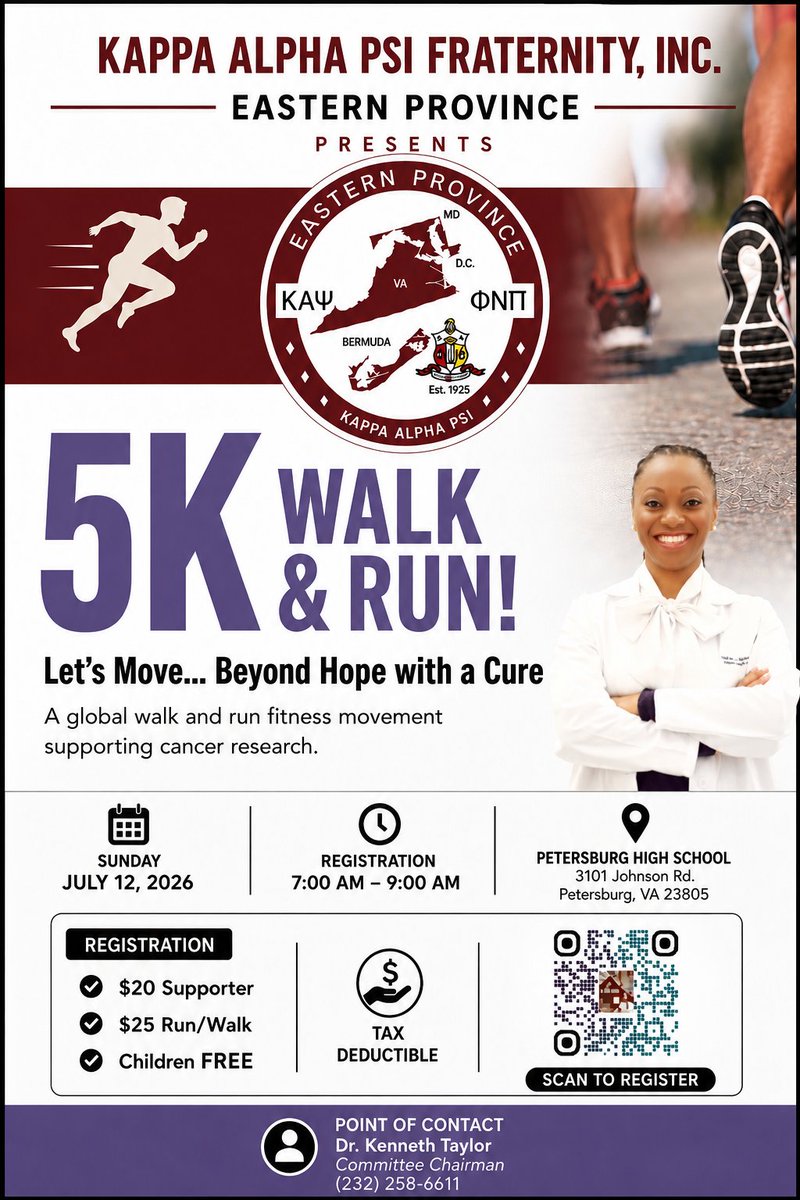 OraLeeOrg's tweet photo. Run or walk to change lives! 🏃‍♂️🎗️ Join the Eastern Province of Kappa Alpha Psi &amp; Dr. John Pulliam on July 12th for a 5K Cancer Fundraiser at Petersburg HS.

100% of proceeds fund cancer research.

Sign up: https://t.co/378eBVAuoO https://t.co/shoQWQX06z