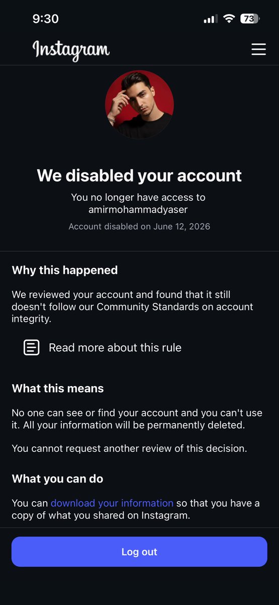 amiryaserr's tweet photo. @andymstone Hey Andy, my artist account @amirmohammadyaser (136k followers) was falsely disabled on June 12 during the outage due to an 'Account Integrity' glitch. Can't even request a review. Please fix this mass suspension bug! #InstagramDisabled #InstagramBug https://t.co/XNqMJob88w
