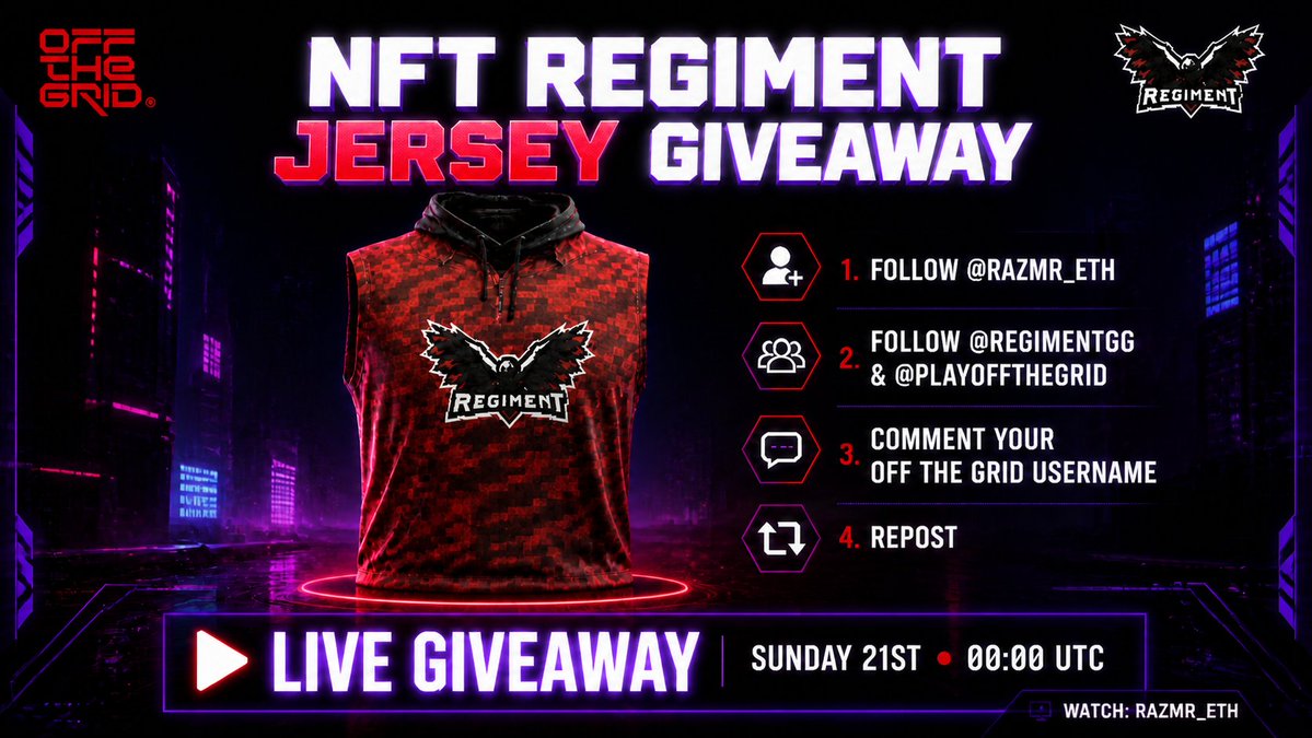 razmr_eth's tweet photo. 🎁 NFT REGIMENT JERSEY GIVEAWAY

Celebrating the OFF THE GRID x REGIMENT community 🔥

✅ Follow @razmr_eth, @RegimentGG &amp; @playoffthegrid
✅ Repost
✅ Comment 3 friends

Winner picked live on stream – Sunday 21st, 00:00 UTC
Watch it on your favorite platform: search “razmr_eth” https://t.co/DKApVHwEJA