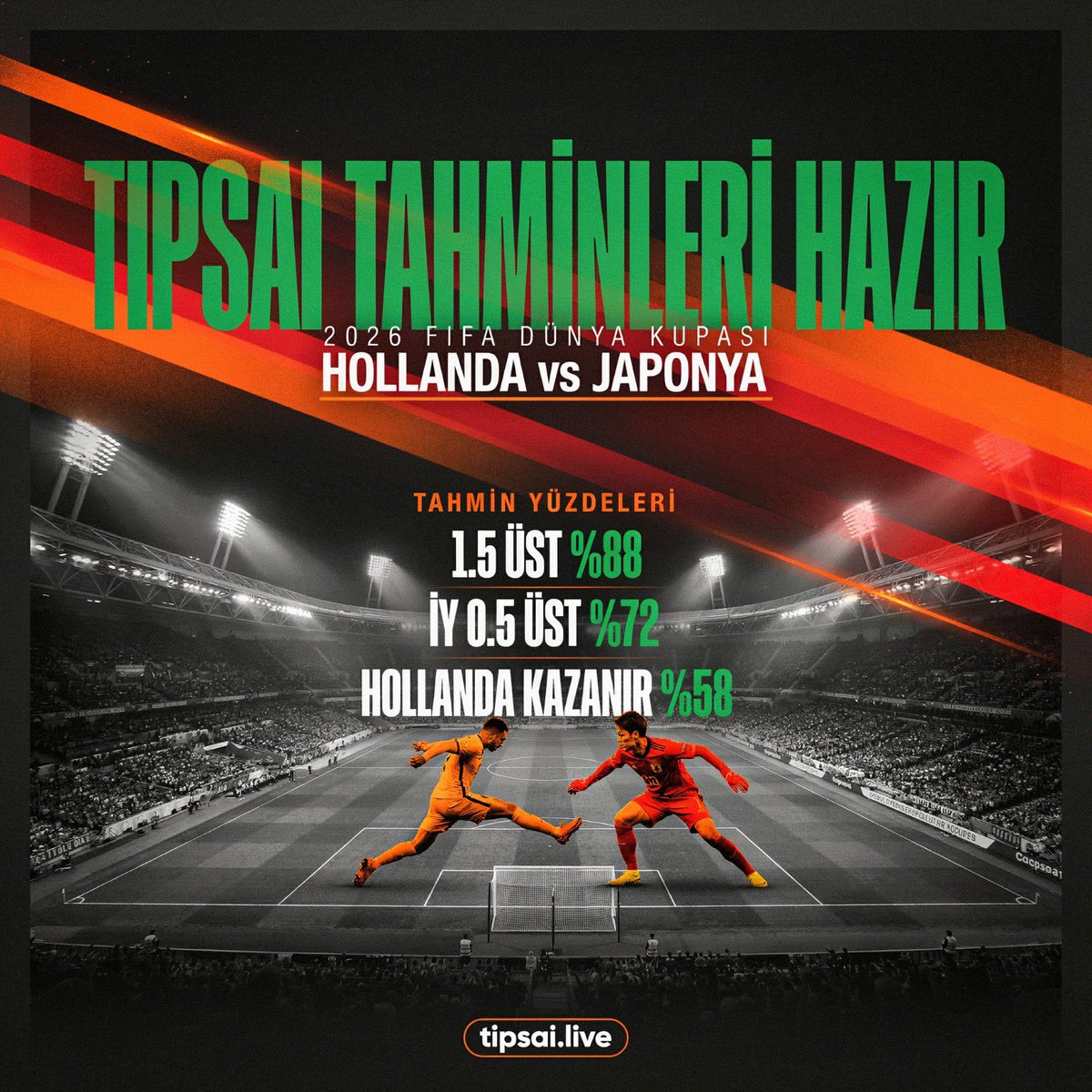 tipsailive's tweet photo. 🇳🇱 Hollanda vs Japonya 🇯🇵

2026 FIFA Dünya Kupası · Grup F
🤖 TipsAI Tahminleri:

🔥 1.5 Üst — %88

🔥 İY 0.5 Üst — %72

🔥 Hollanda Kazanır — %58
Alternatif: Korner 8.5 Üst — %68
Detaylı analiz 👇

https://t.co/I7EfxNd44J
#WC2026 #DünyaKupası2026 #Hollanda #Japonya #TipsAI https://t.co/53hkJE72R1