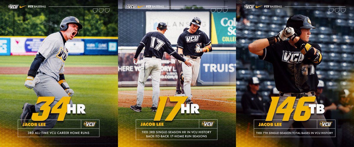 VCUBaseball's tweet photo. Continued the climbπ
Lee's 34 home runs rank 3rd all-time by a Ram, he tied himself for 3rd-most single-season home runs, and his 146 total bases tie for seventh-most in a VCU season!
@Jacob_lee05 | #LetsGoVCU https://t.co/lDWw3Rkrte