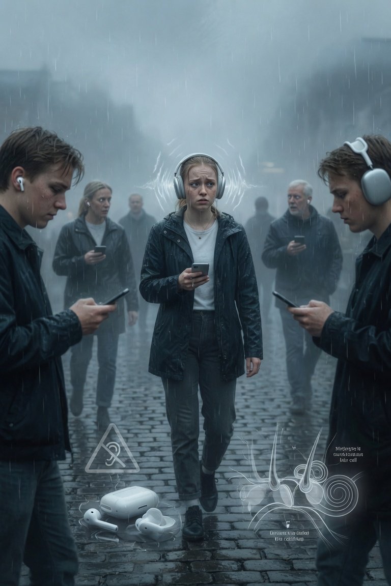 PraetoBorealis's tweet photo. @SondreLinde AirPods-generasjonen i tåken.
Ørene stekt, kj og sj flyter sammen i samme dempede nederlag.
Ingen smalltalk igjen, bare rosa støy fra fremskrittet.
Vi kablet oss til strålende isolasjon, og verden så på likevel.
Mono no aware i silikon og litium. 👊🌫️ https://t.co/xkRVhKPx54