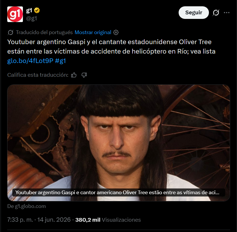TioShurOficial's tweet photo. Amigos, según comentan en varios portales de información en un choque de Helicópteros anoche habría perdido la vida Gaspi y Oliver Tree.

Estoy a la espera de mas información, que tragedia. https://t.co/pamDUZqHZg