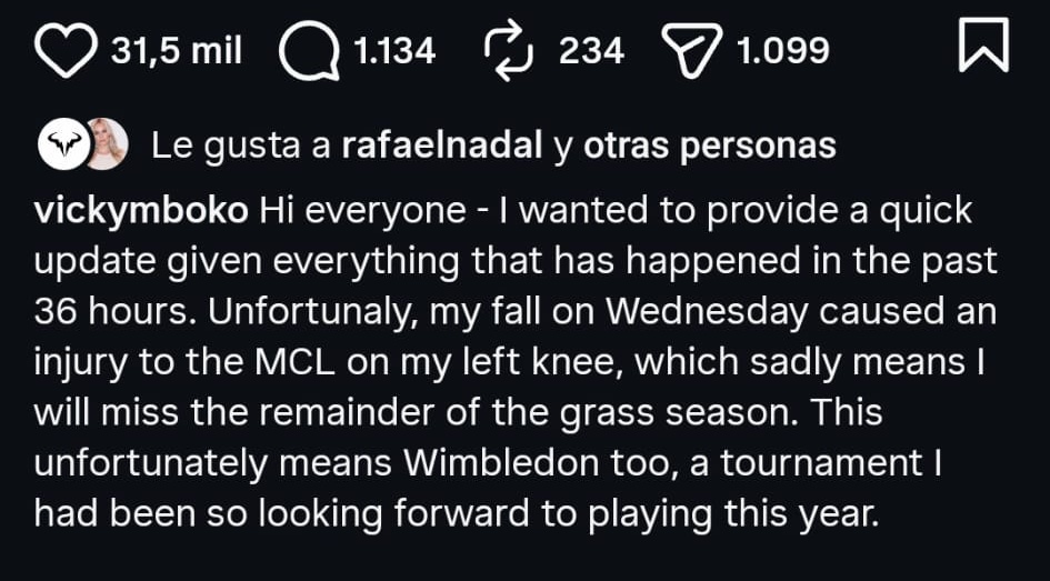 Analysis_Injury's tweet photo. ✅ Victoria Mboko, en su Instagram, confirma nuestra hipótesis de diagnóstico.

La joven tenista canadiense tiene un esguince del ligamento colateral medial y se pierde Wimblendon. https://t.co/g3W2GbhrbJ