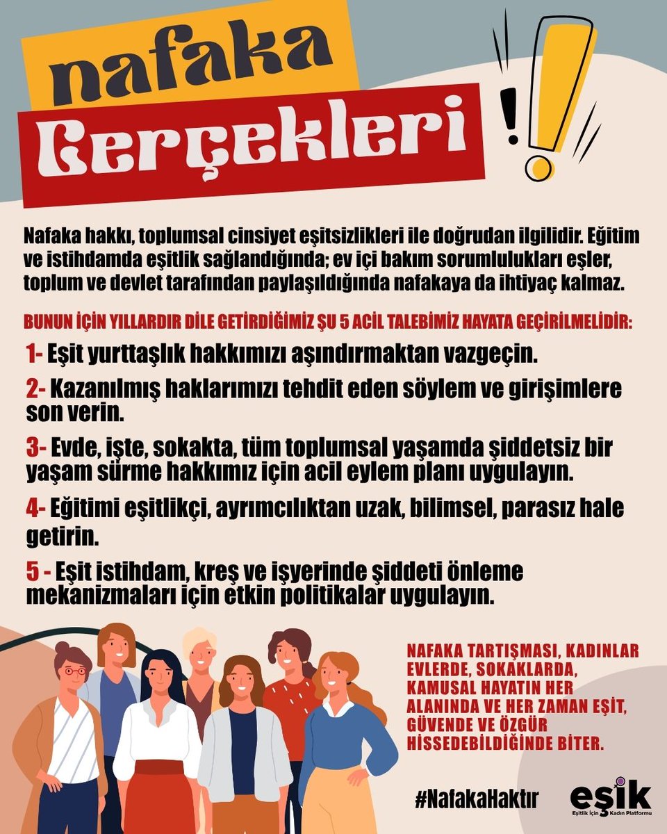 esikplatformu's tweet photo. 🟣 #NafakaGerçekleri - 11

❓ Nafaka tartışması ne zaman bitebilir? 

🚨 Nafaka hakkı, toplumsal cinsiyet eşitsizlikleri ile doğrudan ilgilidir. Eğitim ve istihdamda eşitlik sağlandığında; ev içi bakım sorumlulukları eşler, toplum ve devlet tarafından paylaşıldığında nafakaya da ihtiyaç kalmaz. 

👉 Bunun için yıllardır dile getirdiğimiz şu 5 acil talebimiz hayata geçirilmelidir: 

📍 Eşit yurttaşlık hakkımızı aşındırmaktan vazgeçin.

Toplumsal cinsiyet eşitliğini ve kimseye cinsiyeti, cinsel yönelimi ya da cinsiyet kimliği nedeniyle ayrımcılık yapılamayacağını kabul edin. Kadınların hayatın her alanında eşit temsil ve katılımını sağlamak için somut adımlar atın.

📍 Kazanılmış haklarımızı tehdit eden söylem ve girişimlere son verin.

6284 sayılı Kanun'un zayıflatılması, nafaka hakkının kısıtlanması, kadının miras hakkına el konulması gibi tartışmalara derhal son verin. 
  
Kadın Bakanlığı'nı yeniden kurun, tüm devlet mekanizmalarında eşitlik birimlerini oluşturun. Bağımsız kadın örgütlerini ve hak savunucularını engellemek yerine destekleyin.

📍 Evde, işte, sokakta, tüm toplumsal yaşamda şiddetsiz bir yaşam sürme hakkımız için
sığınak, cinsel şiddet kriz merkezi ve 7/24 destek hattıyla ulusal şiddet mücadele ağını derhal kurun; şiddetten kurtulan her kadına bağımsız bir yaşam kurabilmesi için gereken tüm olanakları sağlayın.

📍 Eğitimi eşitlikçi, ayrımcılıktan uzak, bilimsel, parasız hale getirin.
4+4+4 parçalı eğitim sistemine son verin, 12 yıl kesintisiz ve parasız eğitime geçin.

📍 Kamu ve özel sektörde eşit istihdam ve yönetimi sağlayın. İşyerlerinde ayrımcılık ve şiddeti önleme mekanizmaları oluşturun.

Babaların da çocuk bakım yükümlülüğünü gözeterek, cinsiyet ayrımcılığı yapılmadan her işyerine ve her mahalleye ücretsiz kreşler açılmasını sağlayın. 
 
➡️ Bunlar için yasa değişikliğine gerek yok, Anayasal sosyal devlet ve eşitlik ilkelerinin gereklerine göre var olan yasaları uygulayın yeter! 

🚨 Nafaka tartışması, kadınlar evlerde, sokaklarda, kamusal hayatın her alanında ve her zaman eşit, güvende ve özgür hissedebildiğinde biter.

#NafakaHaktır
#YasalaraDokunmaUygula