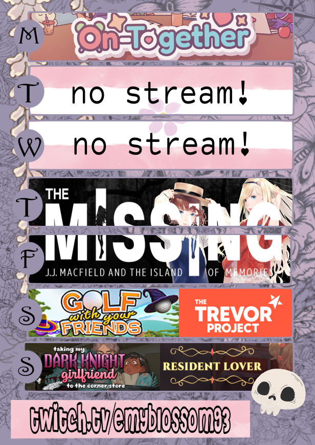 emyblossom93's tweet photo. 𐐪﹒Weekly Schedule 🌈
╰➤ˎˊ˗  Jun 15-21 ✧˚

M ♡ coworking w/ on-together 
T ♡ no stream
W ♡ no stream 
T ♡ the missing
F ♡ the missing
S ♡ golf with friends charity tourney
S ♡ dark knight girlfriend &amp; resident lover

┈ᯓ★๋࣭⭑ https://t.co/OVWeUFguYq https://t.co/jmbM00QfII