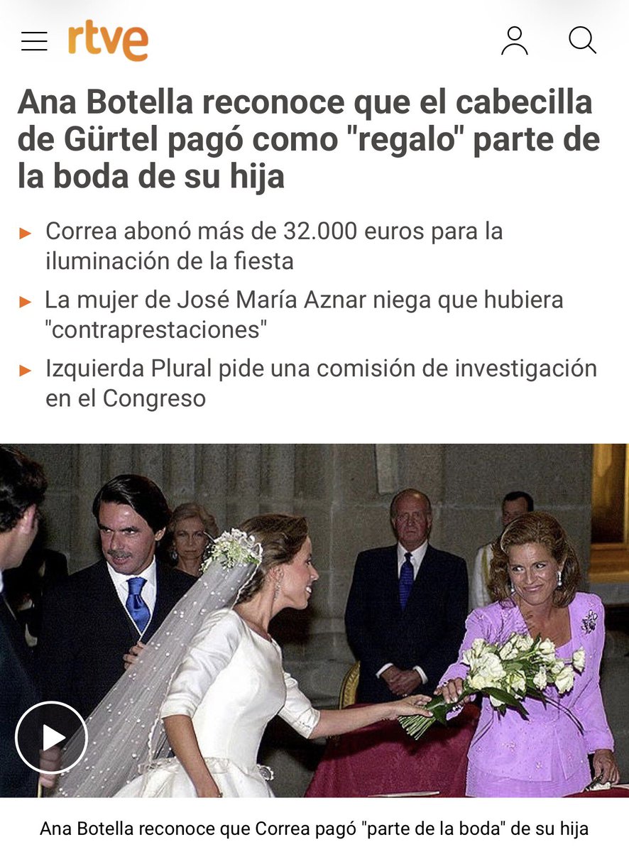 crispmarcote's tweet photo. Mamá Botella reconoció que la Gürtel pagó como “REGALO” parte de la boda de su niña…

Nadie fue condenado por recibir ese “REGALO” de los cabecillas de la Gurtel, esos grandes amigos de Aznar y Agag, invitados a la boda. 

Ya todos sabemos cómo traficaban con la obra pública y el dinero negro!