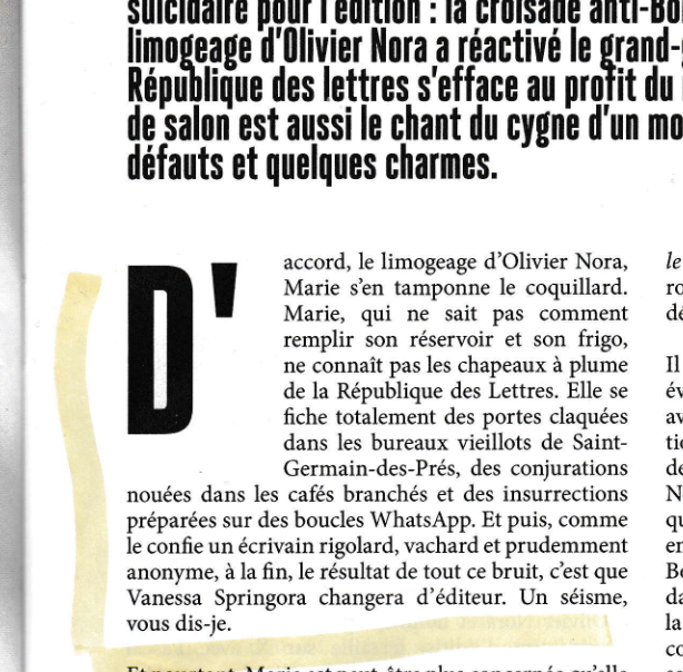 FrancescaRGee's tweet photo. Vanessa Springora : promotion canapé?
C'est bien ce qu'insinue Élisabeth Lévy en tête d'un article de Causeur consacré au limogeage d'Olivier Nora par Vincent Bolloré.
Pourquoi, parmi les dizaines d'écrivains annonçant qu'ils allaient quitter Grasset, à commencer par Bernard-Henri Lévy en personne, donne-t-elle la primauté à Springora?
Et pourquoi, si Springora n'est qu'une parmi cent autres, l'évoquer sur un ton "vachard, rigolard et prudemment anonyme"?
Plus loin dans son article, Lévy revient sur l'implication de Springora au premier rang de cette affaire de limogeage, juste avant Félicité Herzog qui, on oublie souvent de le dire, est une très proche parente de Nora.
Il faut bien remarquer que Springora a droit à des efforts de promotion tout à fait exceptionnels de la part de son éditeur Nora, sans que la qualité de sa production le justifie vraiment.
Il est vrai que son second ouvrage paru l'année dernière, fait preuve d'un shoahtisme effréné. Parlant de personnes ayant subi plus de 40 ans de tyrannie soviétique, elle s'étonne qu'elles ne mettent pas au premier plan de leurs préoccupations ... la shoah!
Décidément, les arrières-cuisines de l'affaire Matzneff se révèlent de moins en moins ragoûtantes.