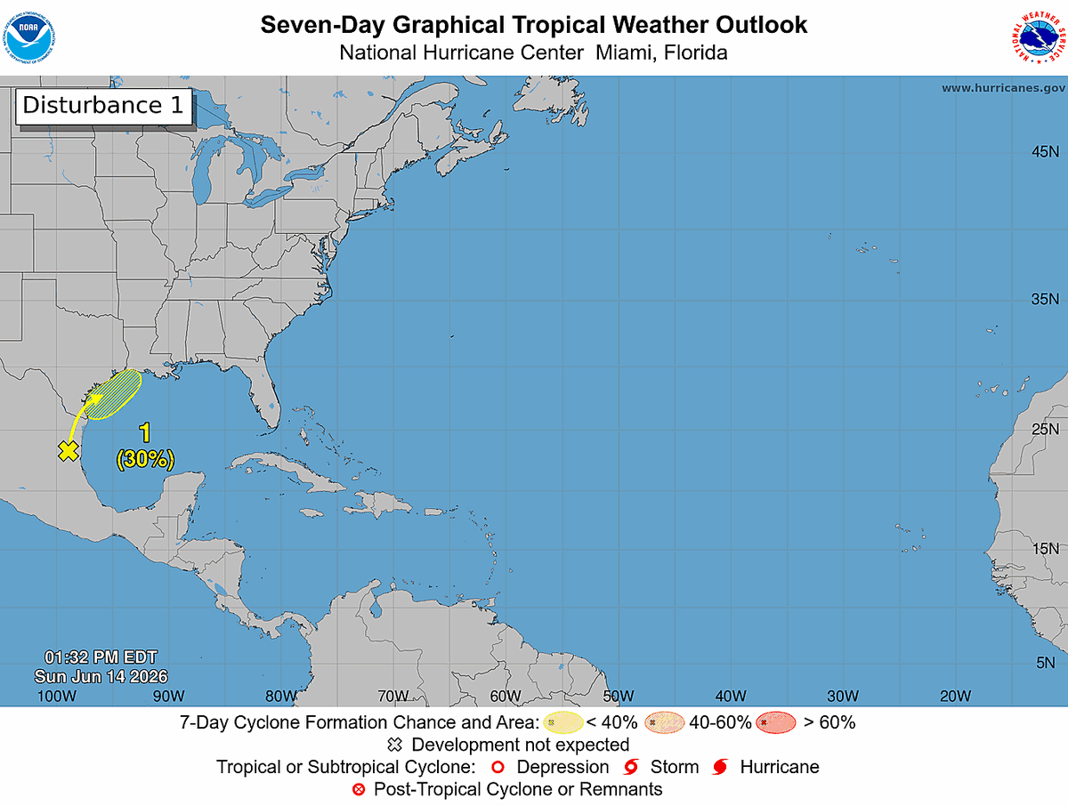 weathertrackus's tweet photo. A tropical disturbance currently sits in far Eastern Mexico this evening, with a 30% chance of forming into a tropical system (TD/TS) within the next 7 days.

While chances are low that this becomes a formidable system, it will bring a significant amount of rain to the Southern U.S., from Texas, through the Deep South.

Depending on how well organized this system could become, it may also produce a couple days of severe weather along the Gulf Coast later this week.