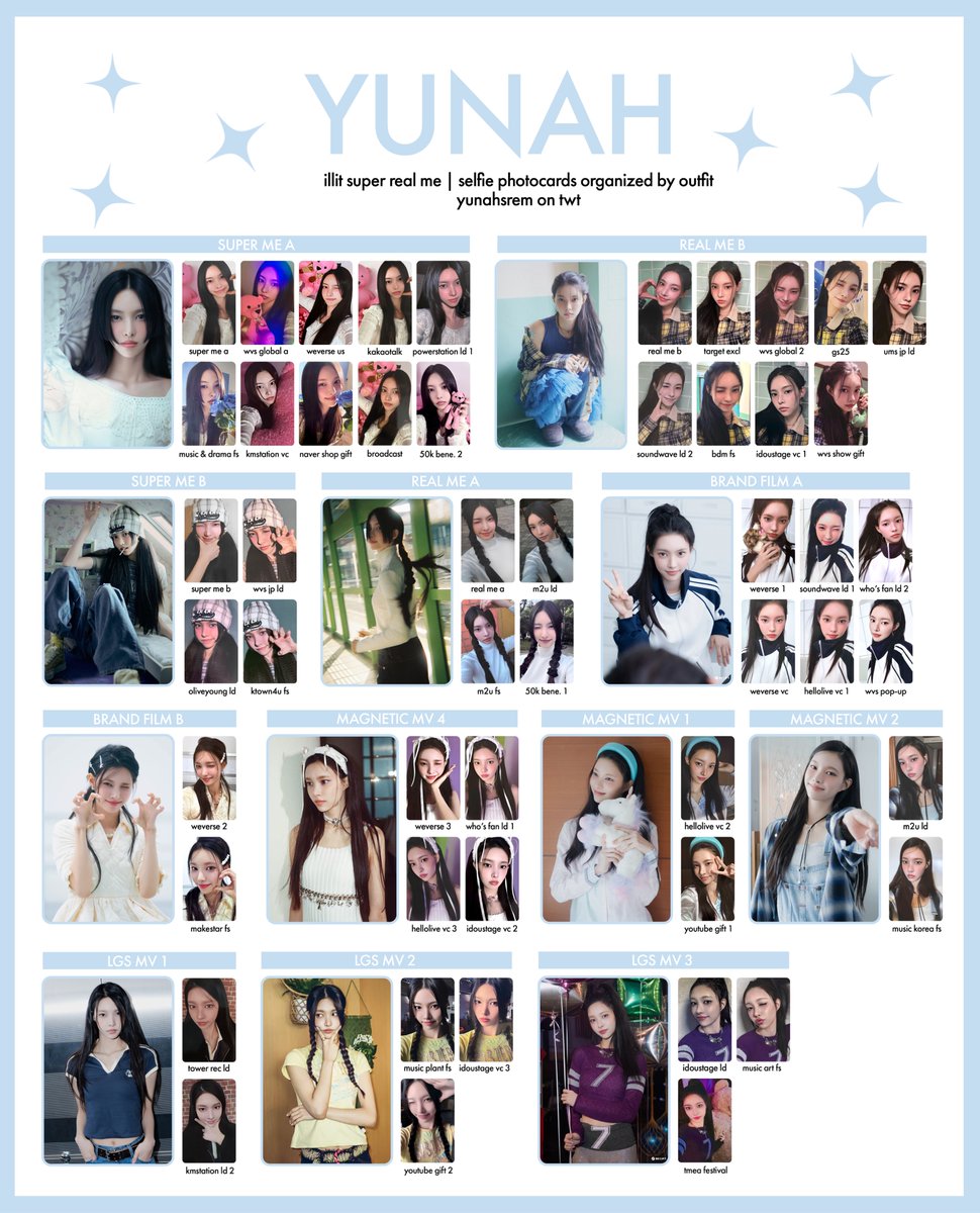 yunahsrem's tweet photo. illit 아일릿 photocard 포토가드 template 
-- super real me album &amp; selfie pob photocards organized by outfit

hd: https://t.co/Q4lf2TbouC 

yunah 윤아 minju 민주 moka 모카 wonhee 원희 iroha 이로하 https://t.co/2NA6Qo7kxy
