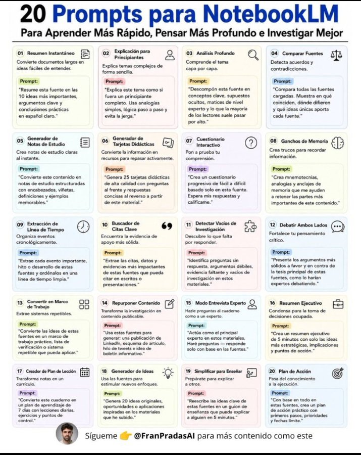 virginiog's tweet photo. NotebookLM es una de las herramientas de IA más potentes (y subestimadas) para lo que buscan aprender, para  docentes e investigadores  

Transforma PDFs, apuntes, artículos o transcripciones en conocimiento accionable en cuestión de minutos

Infografía
@franpradasAI https://t.co/8Pfd1yxpIS