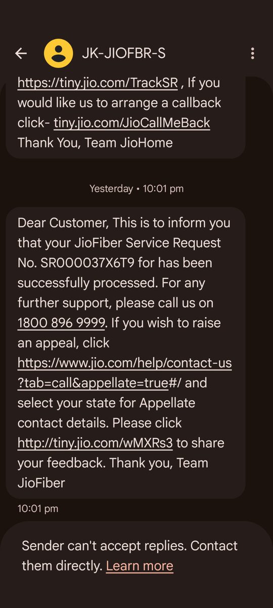 NishitMathur's tweet photo. @JioCare @JioCare Here is the proof that all @reliancejio cares about is closing a service request rather than resolving the issue. Received a message about closing the state escalation at 10pm last night. Though the request has still not been resolved. This has happened more than 2 times https://t.co/smm356d5wi