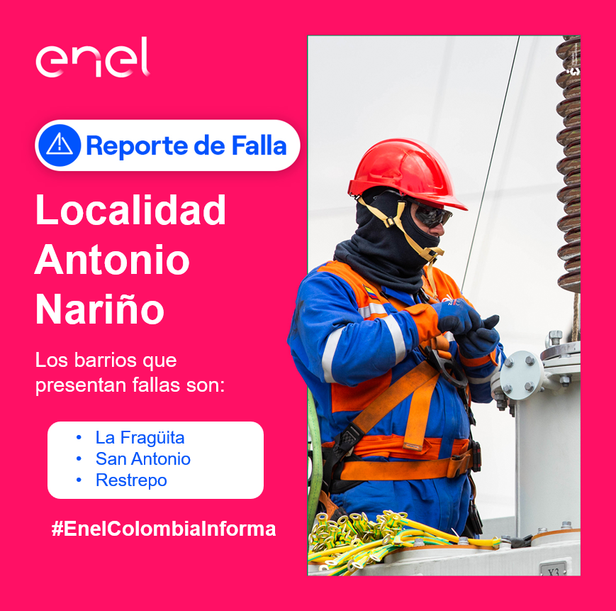 EnelClientesCO's tweet photo. #LocalidadAntonioNariño nuestro equipo se dirige a la zona para identificar la falla reportada, seguimos trabajando para ti 👨‍🔧⚡

Los barrios afectados son:
#LaFragüita, #SanAntonio y #Restrepo

Te invitamos a estar pendiente de nuestros canales para mayor información. https://t.co/hD4SIO1VJV