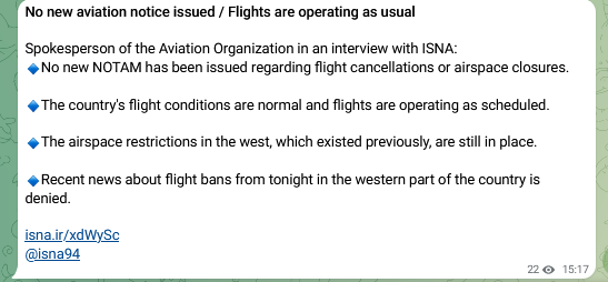 lookner's tweet photo. Iran's ISNA news: "The country's flight conditions are normal and flights are operating as scheduled...Recent news about flight bans from tonight in the western part of the country is denied." https://t.co/poHysfy1iK