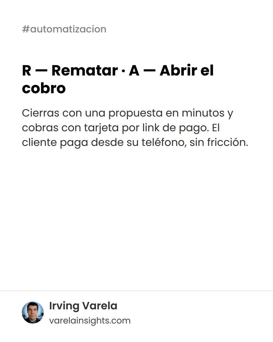 irvinux's tweet photo. El embudo en 6 etapas — el Método CIERRA:

C Captar (que la IA te cite)
I Introducir (capturar el lead)
E Educar (nurture)
R Resolver (conversar y agendar 24/7)
R Rematar (propuesta)
A Abrir el cobro (pago con tarjeta)

El dinero se cae entre Resolver y cobrar. https://t.co/dT4X7W5xmP