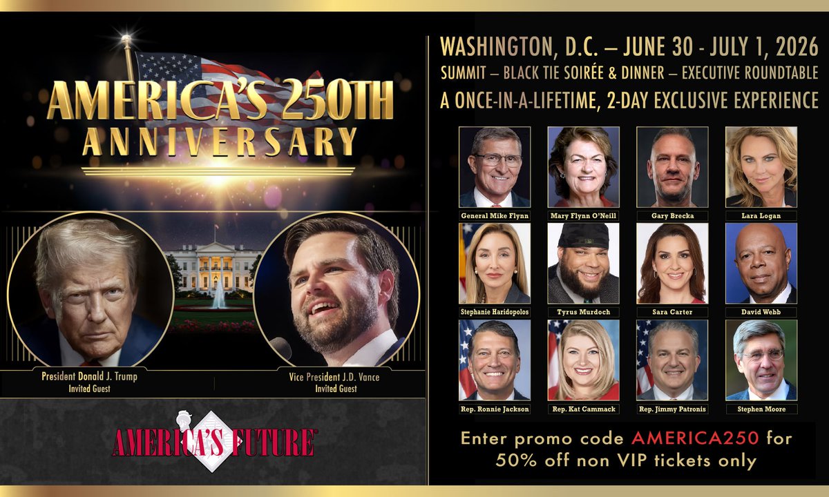 Amerifuture's tweet photo. The future of this country will not be decided by people waiting for better timing. It will be shaped by people who show up. America's Future is bringing those people together in Washington, D.C.

June 30 – July 1. Use code AMERICA250 for 50% off non-VIP tickets.

Secure your seat: https://t.co/nvs1j2suas