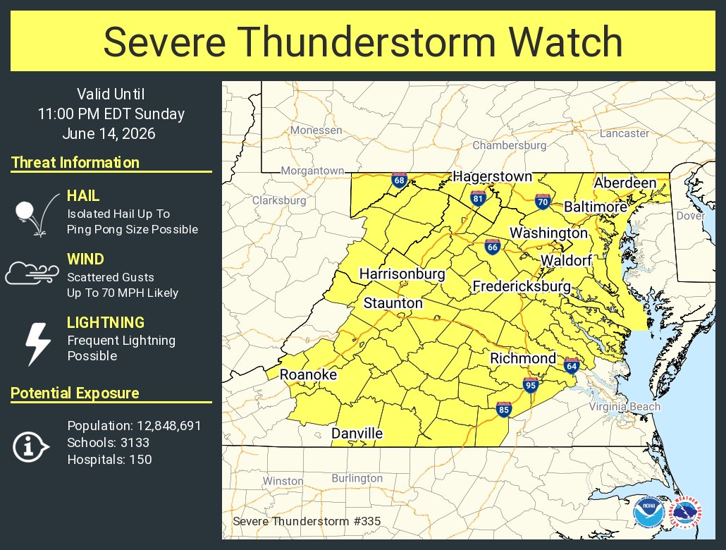 NWS_BaltWash's tweet photo. A severe thunderstorm watch has been issued for parts of District of Columbia, Maryland, Virginia and West Virginia until 11 PM EDT https://t.co/UUZq60vp7z