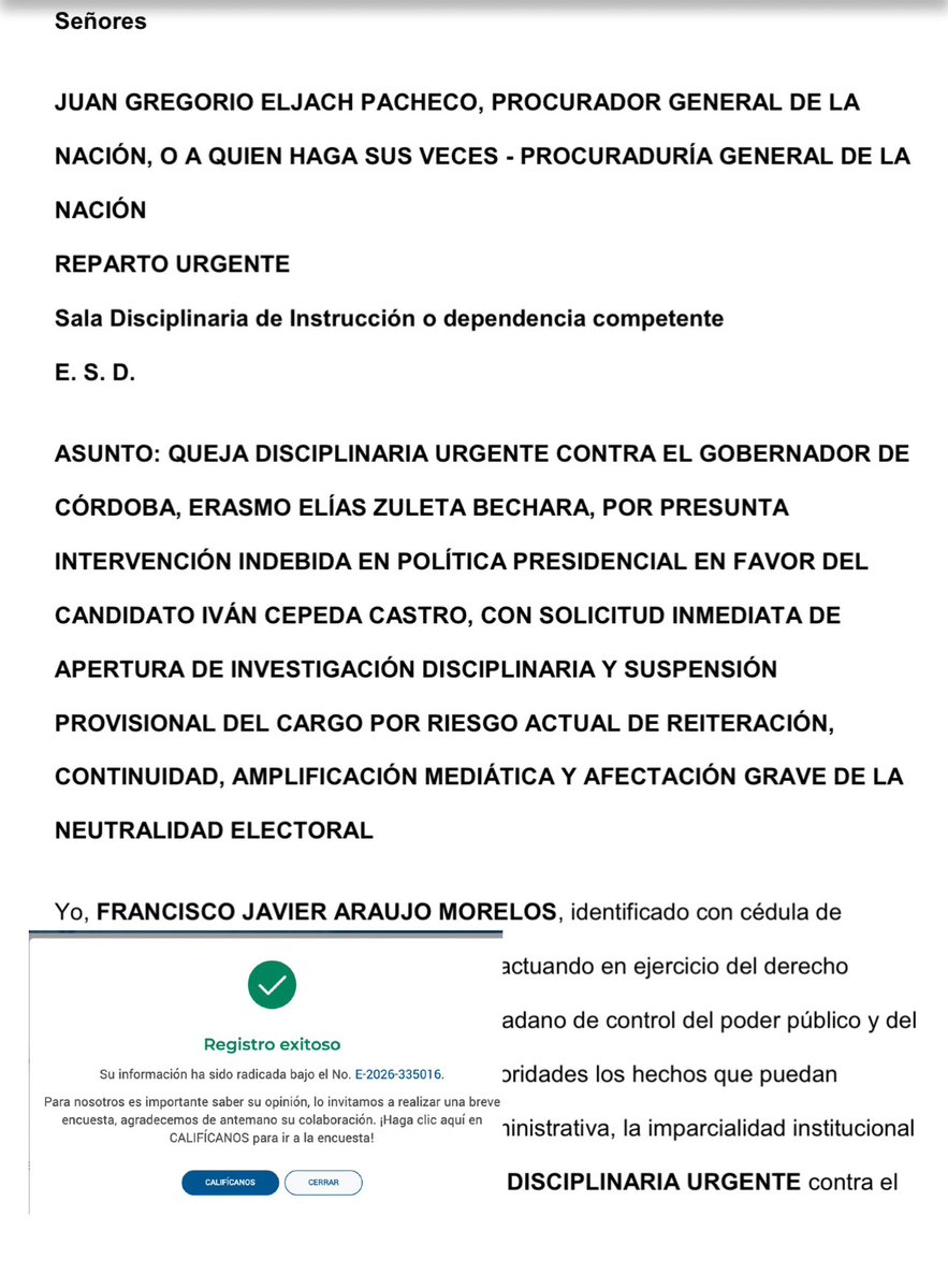 JavierAraujo_'s tweet photo. Radiqué queja disciplinaria urgente ante la @PGN_COL contra el gobernador de Córdoba, Erasmo Zuleta, por presunta intervención en política presidencial. También solicité la suspensión provisional del cargo. Parece que al señor Zuleta se le olvida que en su calidad de gobernador la neutralidad electoral no es opcional. Ningún poder público, ni mucho menos los recursos pueden ser utilizados como campaña política.