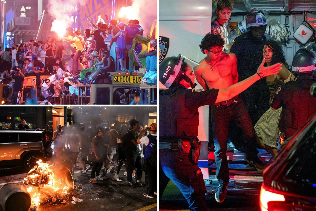 linkstreamapp's tweet photo. Following the New York Knicks' NBA Finals win, 63 people were arrested and 10 police officers were injured in Times Square as rowdy mobs celebrated. The chaos resulted in 4 stabbings and 1 shooting, with at least 15 suspects facing criminal charges. 

https://t.co/p8XOKXuIdO https://t.co/6XZpdNM0QP