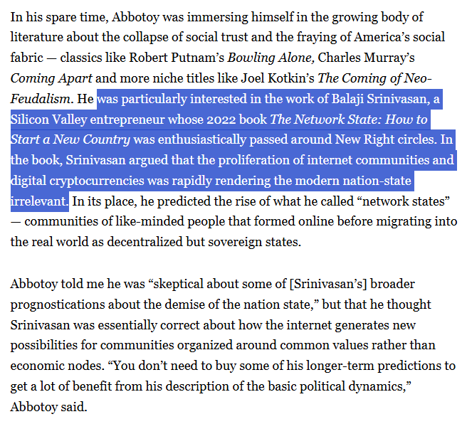 geekyguyjay's tweet photo. If anyone hasn't seen the @Politico story on #ridgerunner (#Fischer, #Abbotoy, #Isker, #Engel, etc) using the "Network State" model to plant their ideological neighborhood, block out some time & read it.
https://t.co/echEJnYe2M
@Janet_Mefferd @elimcgowan @HilaireNereus https://t.co/W3CCYlB3Pw