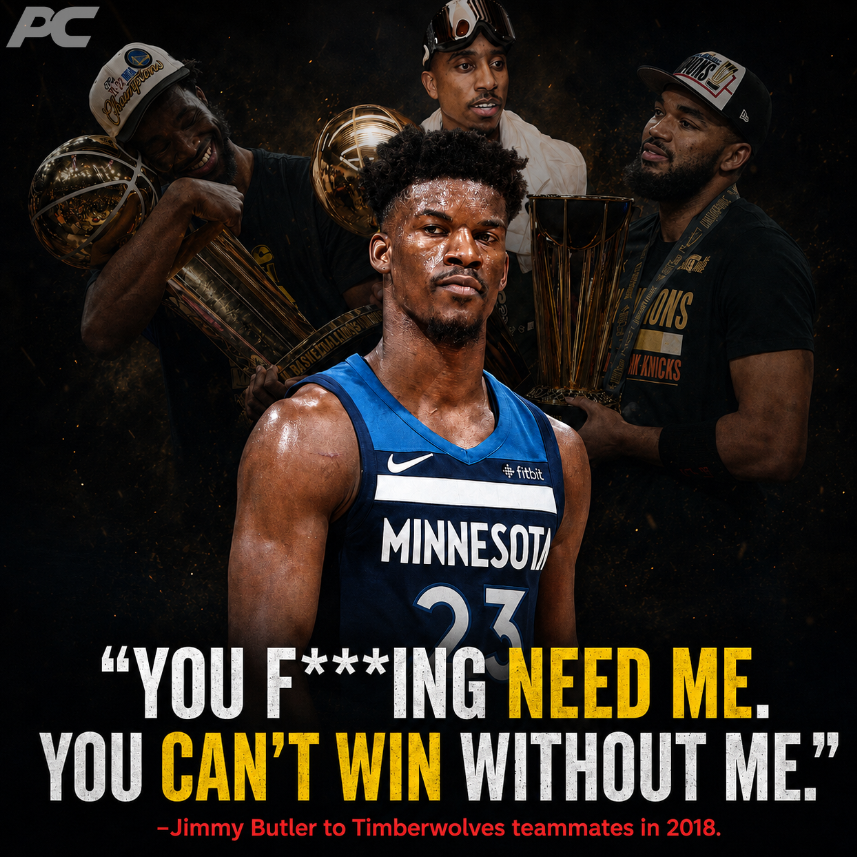 PlayersChoice_'s tweet photo. In 2018, Jimmy Butler famously took Minnesota’s bench and beat the starters in practice.

▫️He told the team:
“You f*ing need me. You can’t win without me.”**
▫️He also reportedly called KAT and Wiggins:
“They ain’t sh*t. They soft.”

Eight years later, Teague, Wiggins, and KAT all have rings. Butler still doesn’t.🏆