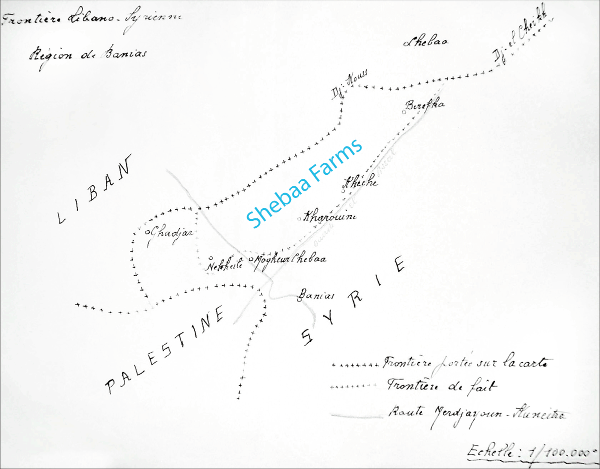 rallaf's tweet photo. Much ado about the Shebaa Farms after Ahmad Sharaa mentioned them, in the context of Syria-Lebanon border (never formally agreed since both gained independence from France) not being a priority. I covered this in my book, here are main facts to remember: 
- The tiny area was illegally occupied by Israel in 1967, like the Golan. 
- The UN recognizes it as Syrian land. (Shebaa village is in Lebanon, Shebaa Farms are in Syria.)
- Israel's sudden withdrawal from southern Lebanon in 2000 (2 weeks before Hafez Assad died) meant Hezbollah needed occupied "Lebanese" land to justify continued resistance & not disarming (as per Taif Accord) as long as occupation remained.
- Syrian regime style was to not make formal declarations on issue while praising resistance; there was no ambiguity, however, it acted then as if area was Lebanese - at least until the revolution. In a 2008 visit to Beirut, then-foreign minister Walid Muallem said "Shebaa Farms are Lebanese territory."
- Apart the US (since 2019), the entire world recognizes the Golan, and the Shebaa Farms area in it, as Syrian. (Image below is sketch from French official Pierre Bart in 1937, during the French Mandate.)