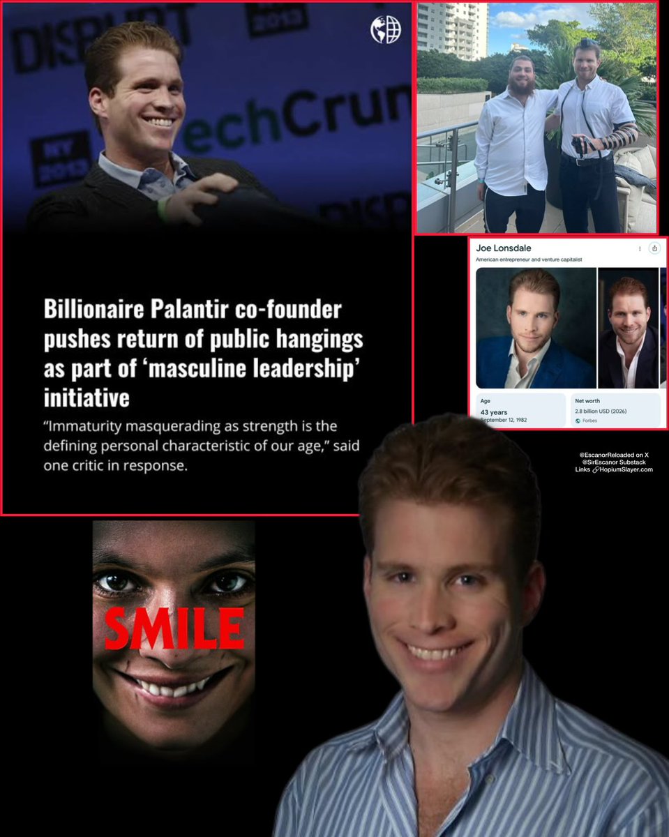 EscanorReloaded's tweet photo. The man who jumped into the Austin Franco fiasco demanding more aggressive doxxing, declaring people need to be made “afraid to attack your people,” is Joe Lonsdale.
Co founder of Palantir. 
Managing partner of 8VC, 
a $6 billion defense and surveillance fund that recruits Navy SEALs, Palantir alumni, and Nobel winners to build national infrastructure and government capability companies.

Now about kosher justice warrior. 

Lonsdale used his position as a mentor in Stanford’s entrepreneurship program to initiate a relationship with an undergraduate student. 
He leveraged his friendship with the course professor to have her reassigned specifically as his mentee. 
He then hired her as an intern at his own venture capital firm to maintain proximity.

Stanfords Title IX investigator found him responsible. He was banned from campus. 
The ban was lifted under disputed. A separate 10 year ban from mentoring and teaching students remained.

So, character flaw?
Or, pattern?

The same man who built infrastructure with direct access to your financial data, your communications, your behavioral profile, and your identity documents used institutional power over a young student the same way he now uses a public platform.

To access. To pressure. To make people afraid.

He called a 19 year old student’s private message a public emergency. He called for consequences. He inserted himself into a story that had nothing to do with him.

Because men like this don’t stay quiet when they sense an opportunity to remind you who holds the keys.

This is the mentality behind Palantir. Behind Pentagon contracts. Behind ICE. Behind every intelligence architecture that touches your life without asking. 

They don’t just want your data.

They want you to know they have it. And they want you to think twice before you say a word about it.

Smile.