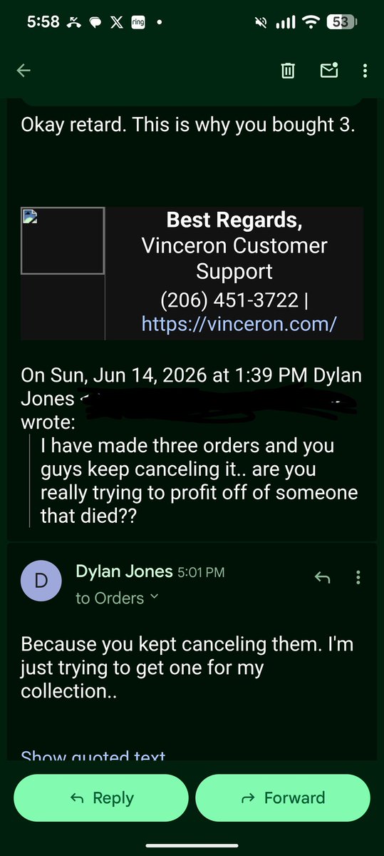 Schpleej's tweet photo. @Vincerondotcom @Olivertree

@RandyTreibel

This disgusting behavior. I've tried to purchase one for my collection. He canceled it all three times I'm sure to increase the price to 500$ and capitalize on Oliver's death. Then he threatens to dox me and says I live in trailer https://t.co/SdXnV4kyXl