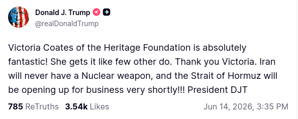 sentdefender's tweet photo. "Iran will never have a nuclear weapon, and the Strait of Hormuz will be opening up for business very shortly!!!" - President Donald J. Trump via Truth Social https://t.co/eqsTs8xGdM