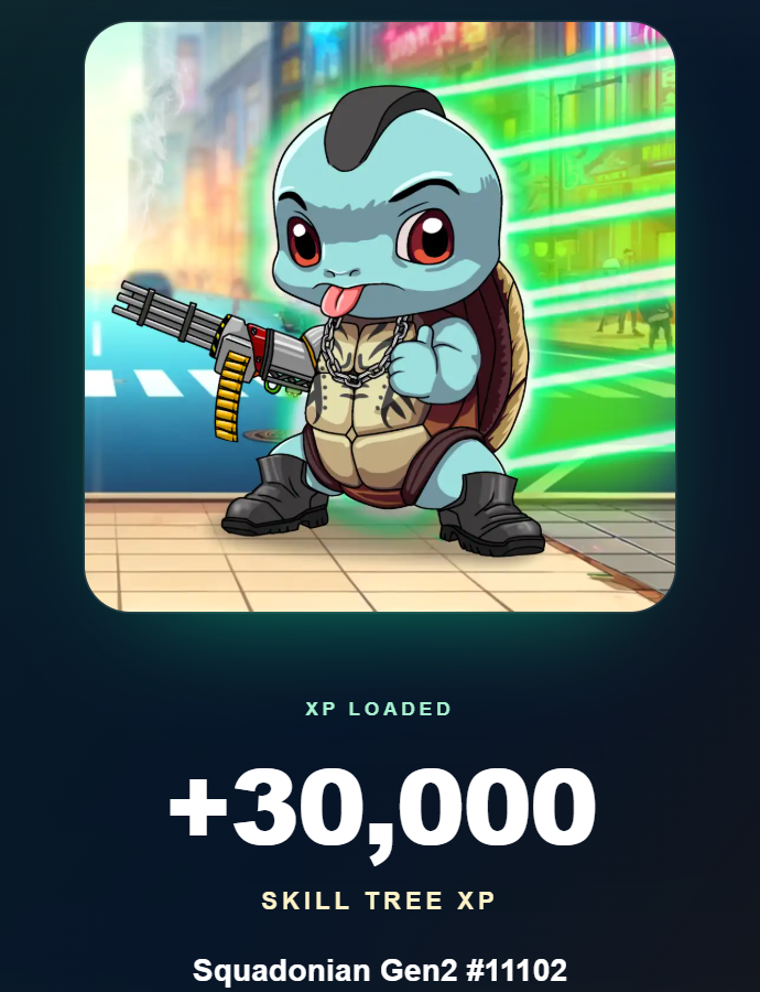 Dutchie_Vader's tweet photo. Just powered up Squadonian Gen2 #11102 with +30,000 XP by exchanging 1x Gorilla Petz. Level 2 → 44 (42 levels gained).

XP loaded. Squad keeps grinding. @SquadVechain https://t.co/seXZnVQb3S