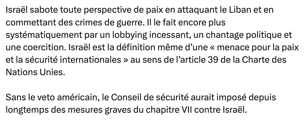 LoudL's tweet photo. Si les États-Unis sont sérieux au sujet d’un accord avec l’Iran, ils ont le pouvoir d’arrêter Israël. 
Au minimum, ils pourraient convoquer – ou même menacer de convoquer – une session d’urgence du Conseil de sécurité de l’ONU pour condamner l’attaque d’Israël contre le Liban. https://t.co/1Q3djHyi4W