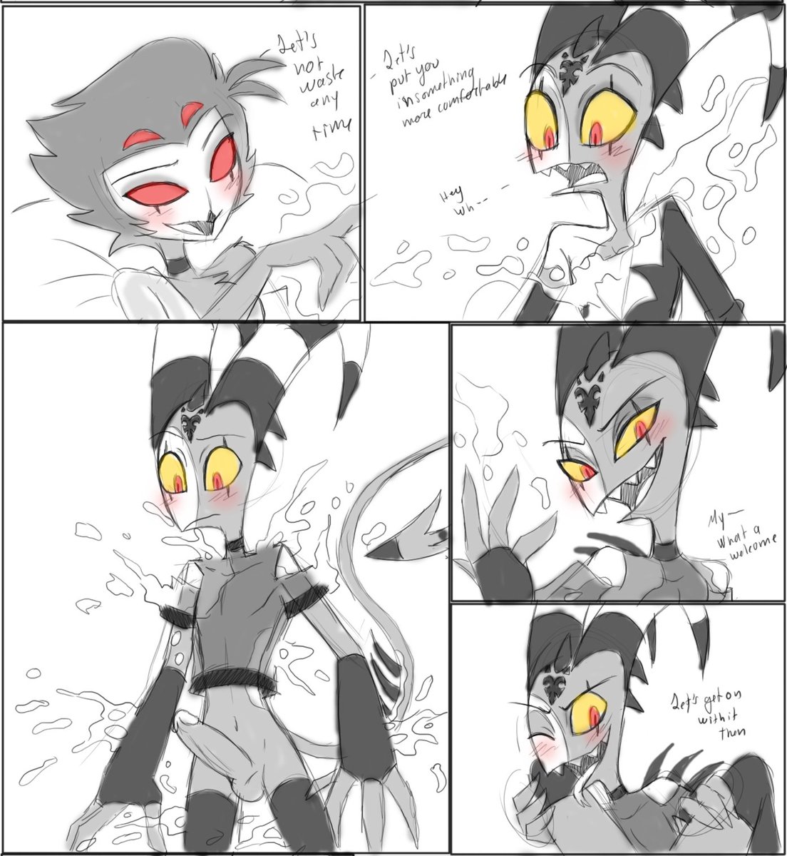 cowboy0823's tweet photo. Here is the first pages of the new comic that I have been working all week on, thank you to @kylukia and @cornstar181 for helping me for some of the poses ^^ and big thx to my friend who commission me this comic, it was fun!
#HelluvaBoss 
#Stolitz https://t.co/YcILxCLwtO