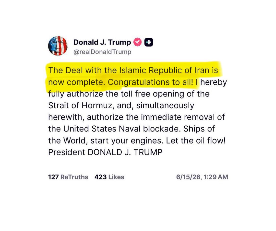 BullTheoryio's tweet photo. BREAKING: 🇺🇸🇮🇷 After 107 days of war, the US and Iran have now officially reached a peace deal, with the signing set for June 19th in Switzerland.

Bullish for all markets. https://t.co/OIo5cMCtEM