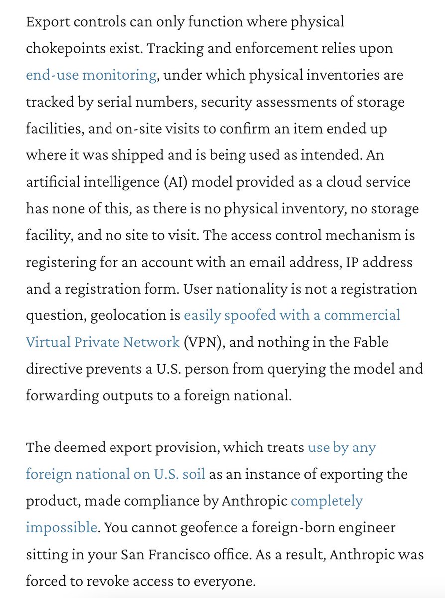 senatorshoshana's tweet photo. .@RSI's @MarrrkDalton driving home the point I made earlier - if we want to ban Fable by citizenship, it would take not age verification - but CITIZENSHIP verification as a precursor to access the AI. And even that's not enough

"User nationality is not a registration question, geolocation is easily spoofed with a commercial Virtual Private Network (VPN), and nothing in the Fable directive prevents a U.S. person from querying the model and forwarding outputs to a foreign national.

The deemed export provision, which treats use by any foreign national on U.S. soil as an instance of exporting the product, made compliance by Anthropic completely impossible. You cannot geofence a foreign-born engineer sitting in your San Francisco office. As a result, Anthropic was forced to revoke access to everyone."