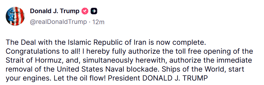 _BlockchainHive's tweet photo. ⚡ TRUMP SAYS WAR IS OVER :: President Donald Trump has officially announced a comprehensive settlement with the Islamic Republic of Iran, authorizing the toll-free reopening of the Strait of Hormuz and the immediate lifting of the U.S. Naval blockade. The move, aimed at stabilizing global energy markets, allows for the resumption of international oil flow through the vital shipping route. #Trump #OilMarket #StraitOfHormuz $OIL