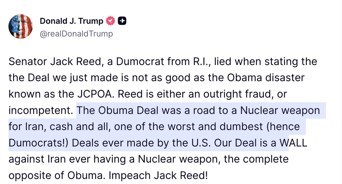 TruthTrumpPost's tweet photo. JUST NOW: President Trump slammed the 2015 Obama agreement as a "road to a nuclear weapon" funded by massive cash transfers.

The new deal is a literal "WALL" that permanently blocks Iran from ever going nuclear. 👏

Seeing Washington politicians try to downplay a major win for global energy and American safety is clearly hard to understand. 🙅‍♂️