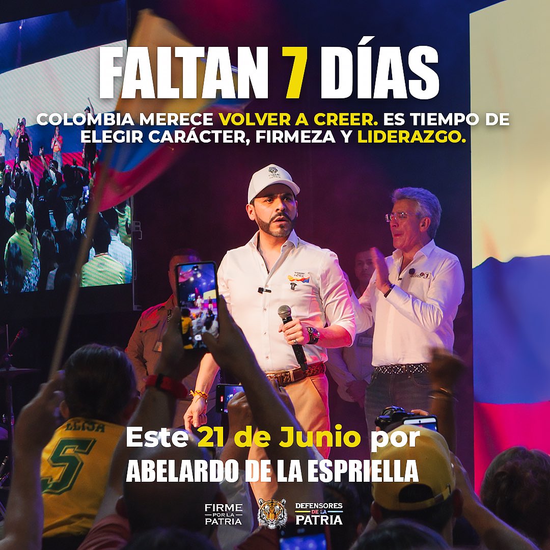 DELAESPRIELLAE's tweet photo. ¡FALTAN 7 DÍAS!

Colombia merece volver a creer.
Es tiempo de elegir carácter, firmeza y liderazgo.

Vota este 21 de junio por Abelardo De La Espriella.
Firme por la Patria. 🇨🇴🐅 https://t.co/RCXjb1ZfD2
