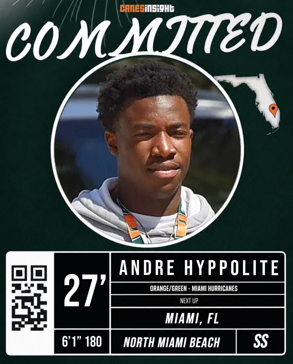 TrintonBreeze's tweet photo. 🚨BREAKING🚨: After wrapping up an official visit, Miami-based safety Andre Hyppolite has committed to MIAMI!!! ⭐️⭐️⭐️⭐️ #GoCanes

Andre is commitment No. 19 in the Hurricanes’ top-3 ranked class. https://t.co/cAyBbNUk52