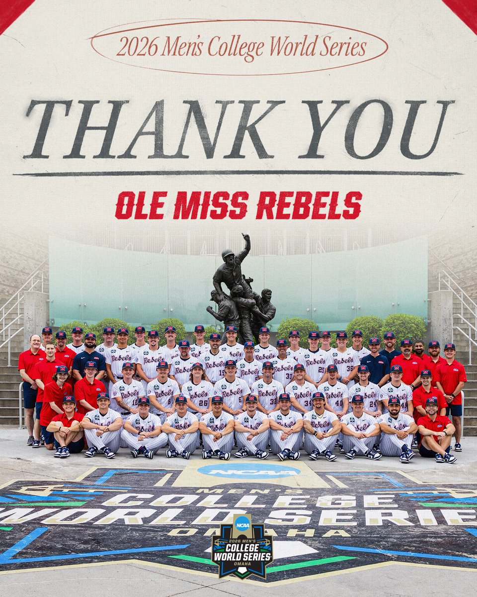 NCAABaseball's tweet photo. What a season for the Rebels ❤️💙

Thank you, @OleMissBSB!

#MCWS https://t.co/WZBvNjaSXQ