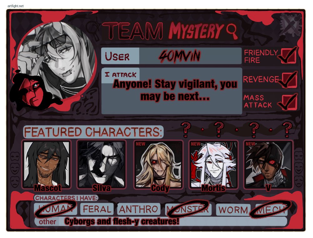 40mvin's tweet photo. Art Fight! Only a few weeks away 👀❤️

Team Mystery for the win! https://t.co/fhtlSn61G4 ‼️

#ArtFight #ArtFight2026 #TeamMystery https://t.co/yzbkJnT1li